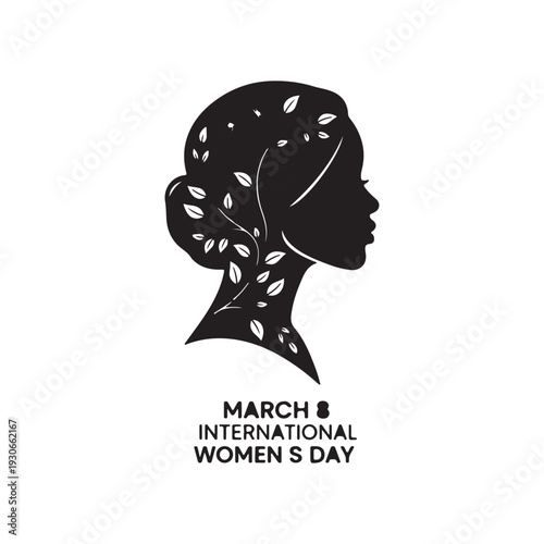 Black silhouette of a woman profile with leaves symbolizing nature growth and vitality a design for March 8 womens day celebrations promoting