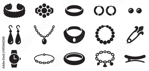 Jewelry and accessories collection of elegant fashion items for women, including rings, necklaces, earrings, and bracelets.