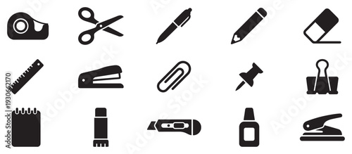 Office and school supplies icons collection featuring essential stationery items used in educational and professional environments.
