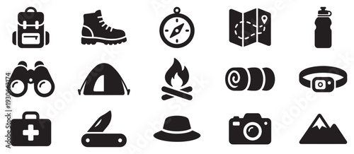 Camping and hiking equipment icons set representing outdoor adventure essentials for exploration and wilderness travel.