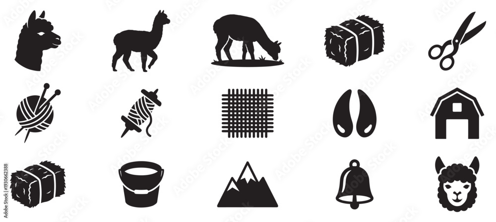 Obraz premium Alpaca farming and wool production icons collection depicting various elements of the animal, its care, and fiber processing.