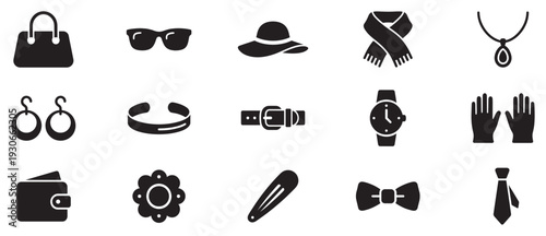 Fashion accessories and clothing items collection vector icons representing various stylish apparel and personal adornments for modern design projects.