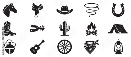 Western cowboy themed icons collection featuring various elements like a horse, hat, boot, and campfire representing the wild west lifestyle.