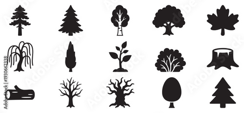 Various tree and plant silhouettes illustrate different types of natural growth and forestry elements in a simple graphic style.