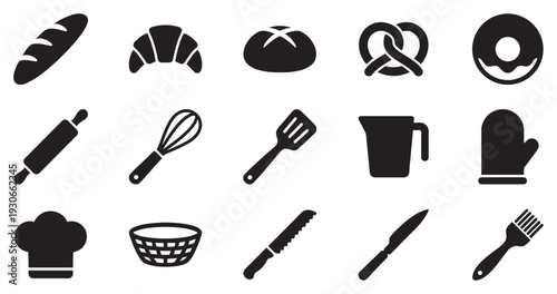 Bakery items and baking tools icons set in a clean, modern, and simple silhouette style for various design needs.