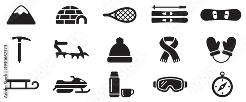 Winter sports and mountain adventure equipment icons collection representing various outdoor activities and cold weather gear.