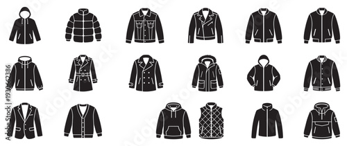 Various jackets and coats vector icons set representing different styles of modern outerwear for fashion and apparel design.