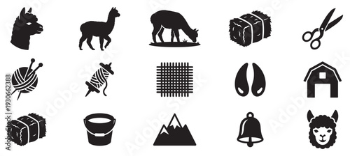 Alpaca farming and wool production icons collection depicting various elements of the animal, its care, and fiber processing.