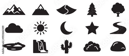 Nature icons collection featuring mountains, sun, moon, trees, clouds, waterfalls, and desert elements in a simple graphic style.