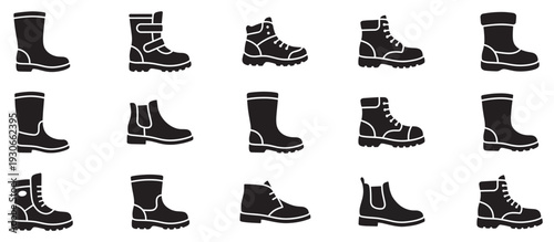 Various boots footwear collection silhouette icons set illustrating diverse styles suitable for fashion, work, and outdoor activities.