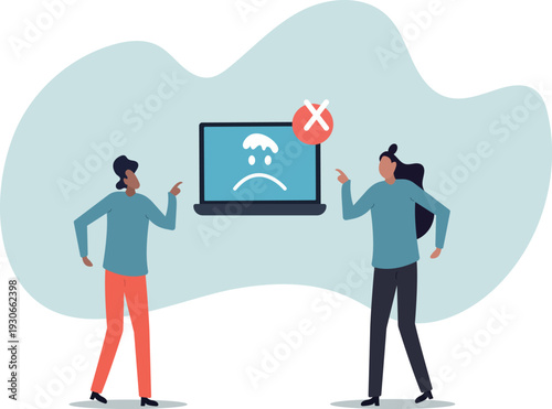 Computer outage, error or failure causing by software update mistake, operating system crash or cyber attack,human life and situation.