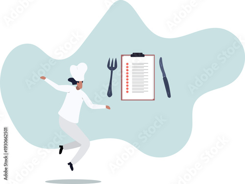 An active chef in a chef's hat and a menu. Restaurant concept.
