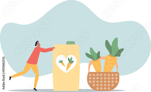 Carrot juice and a character holding a package. Vegetable and beverage concept.