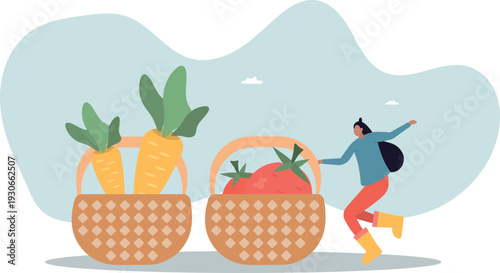 A female farmer in bright boots shows off her harvest of carrots and tomatoes.