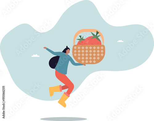 Female farmer showing tomato harvest. Food and vegetable concept.