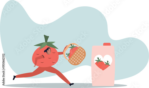 Tomato juice and a character in a tomato costume. Vegetable and drink concept.