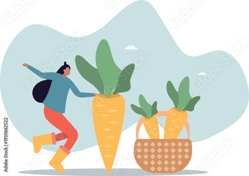 A female farmer in bright boots shows off her carrot harvest.