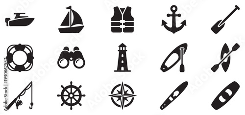 Boating and sailing icons collection features a variety of essential equipment for marine adventures, water sports, and navigation.