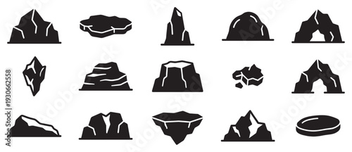 Various natural rock mountain and ice formation icons in a collection of black silhouettes for design elements.