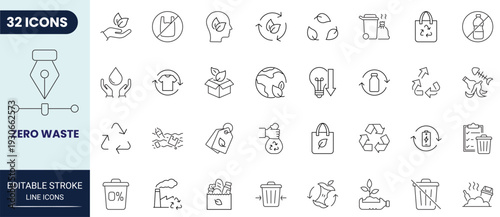 Zero waste outline icon collection with smooth curves and consistent line weight. Suitable for sustainability and eco-friendly concepts. Fully editable stroke vector.