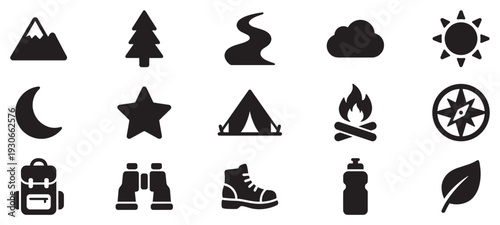 Outdoor adventure camping hiking nature icons are displayed in a comprehensive collection of black silhouettes for various activities.
