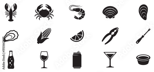 Seafood and drinks icons collection featuring various shellfish, crustaceans, mollusks, beverages, and dining accessories.