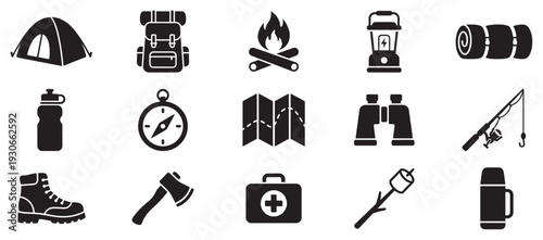 Outdoor adventure and camping equipment icons illustrate essential gear for hiking, fishing, and wilderness exploration.