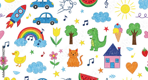 Kids Doodle Seamless Pattern Colorful Hand Drawn Childlike Elements with Rocket Rainbow Dinosaur Car and Cute Objects Vector Background