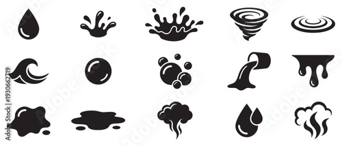 Water and liquid icons representing various forms of fluid movement and states are displayed in a clean, minimalist style.