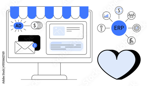 E-commerce, ERP systems, digital marketing, business management, online shopping, data integration. Computer showing storefront graphics, email notifications ERP chart and icons. E-commerce and ERP