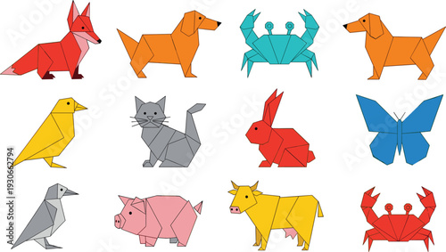 Low Poly Animal Collection Colorful Geometric Wildlife Set with Dog Crab Bird Cat Butterfly and Farm Animals Vector Illustration