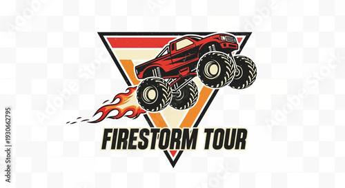 Dynamic illustration of a red monster truck with large wheels jumping over a stylized triangle with flames and 'FIRESTORM TOUR' text.