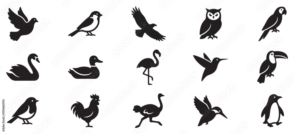 Naklejka premium Various birds icons collection featuring different species and shapes, perfect for nature, wildlife, and animal-related designs.