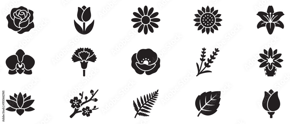 Fototapeta premium Flower icons set featuring various botanical plant silhouettes and leaves in a minimalist black graphic style.