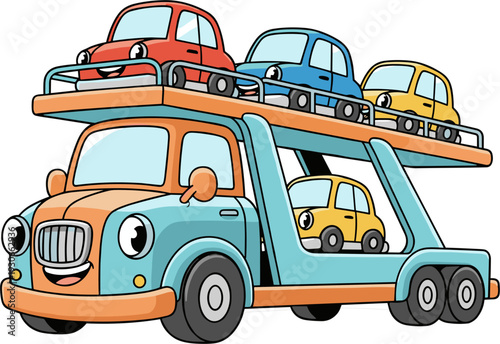 Friendly Cartoon Car Transporter Truck Carrying Cars On A White Background