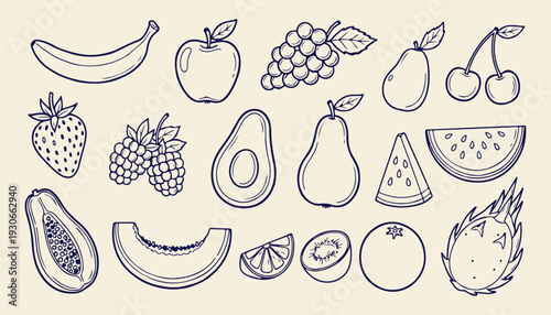 A whimsical collection of hand-drawn line art illustrations featuring a variety of fresh fruits, perfect for healthy eating and culinary themes