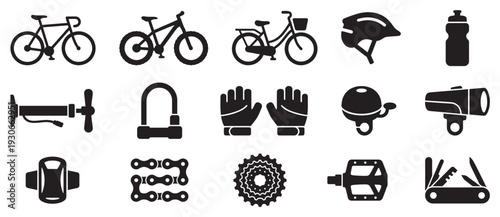Cycling equipment and accessories vector icon set featuring various essential gear for bicycle riders and enthusiasts.