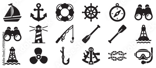Nautical marine sailing boat fishing diving icons set collection for ocean adventure and water sports activities.