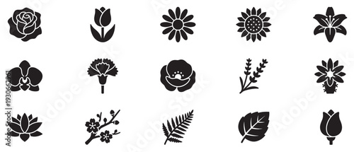 Flower icons set featuring various botanical plant silhouettes and leaves in a minimalist black graphic style.