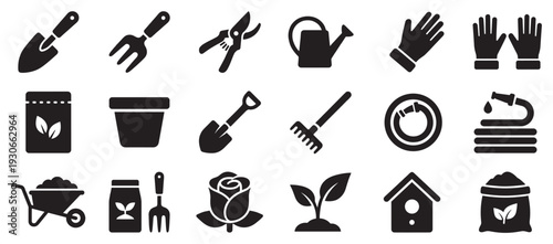 Gardening tools and supplies icons are essential for cultivating plants and maintaining a beautiful outdoor space.