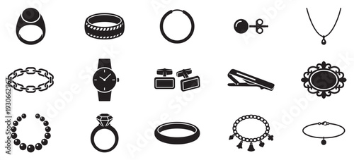Jewelry and fashion accessories icons set featuring elegant rings, necklaces, bracelets, earrings, and other stylish adornments.