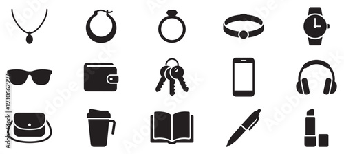 Personal accessories and everyday items collection of various silhouettes representing common objects used in daily life for convenience and style.