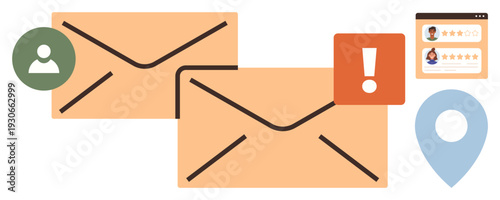 Email marketing, communication notifications, identity verification, online messaging, business correspondence, digital networks. Two envelopes surrounded by user, alert, profile and location icons