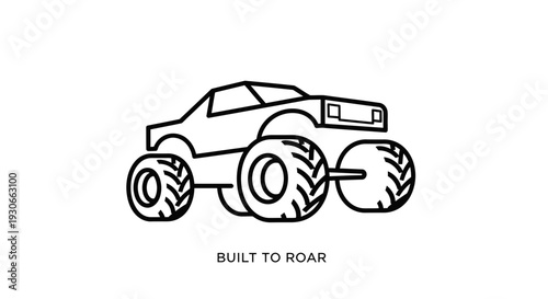 Black and white line art illustration of a monster truck with large wheels and a powerful design, accompanied by the text 'BUILT TO ROAR'.