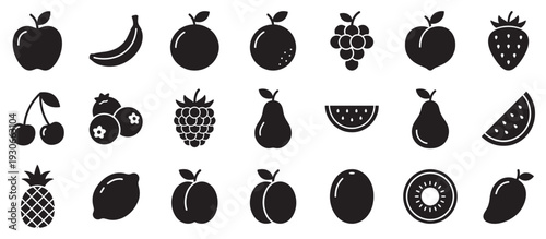 Fruit icons collection featuring various fresh healthy produce in a simple black silhouette style for design elements.