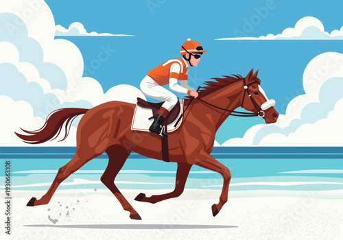 Equestrian athlete in racing silks on horseback galloping along a sandy beach with ocean waves and clouds in the background