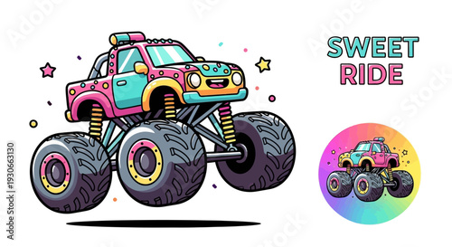 Vibrant cartoon monster truck in pink, teal, and yellow with large wheels, surrounded by stars, next to a 'SWEET RIDE' logo.