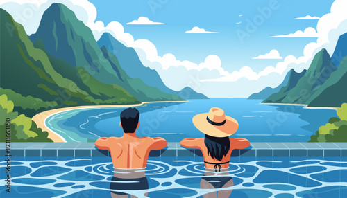 Couple relaxing in an infinity pool overlooking a serene tropical bay with lush green mountains under a clear blue sky