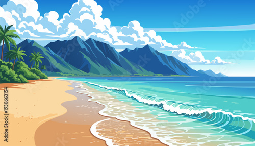 Beautiful tropical beach with turquoise waves and majestic mountains under a cloudy blue sky