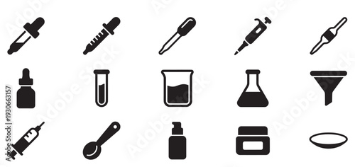 Laboratory medical and cosmetic tools icons collection featuring essential instruments for scientific research, healthcare, and beauty product development.